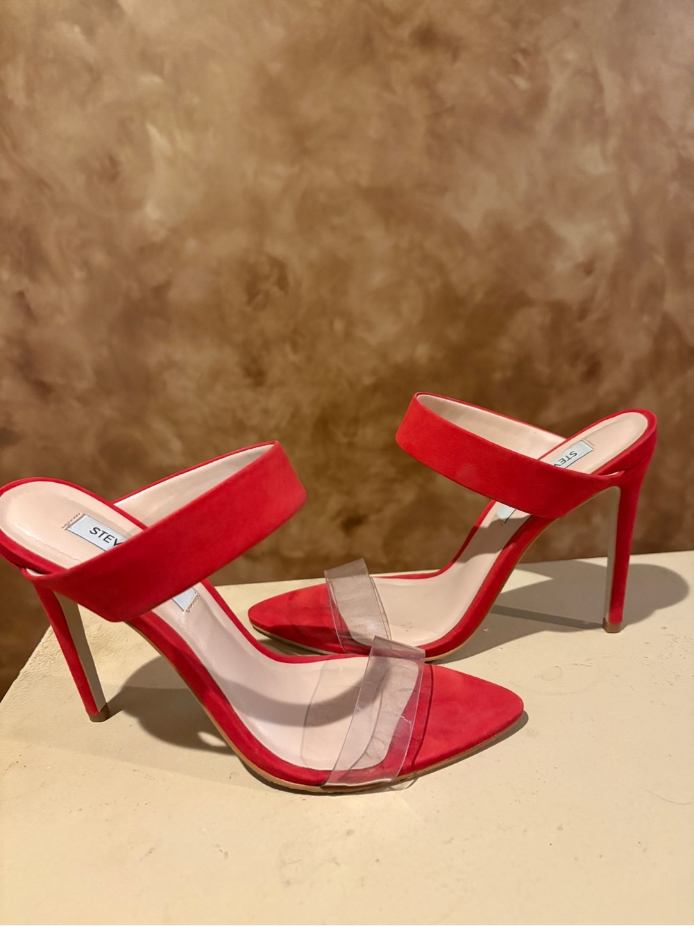 Steve Madden Red Suede Clear-Strap Stiletto Mules